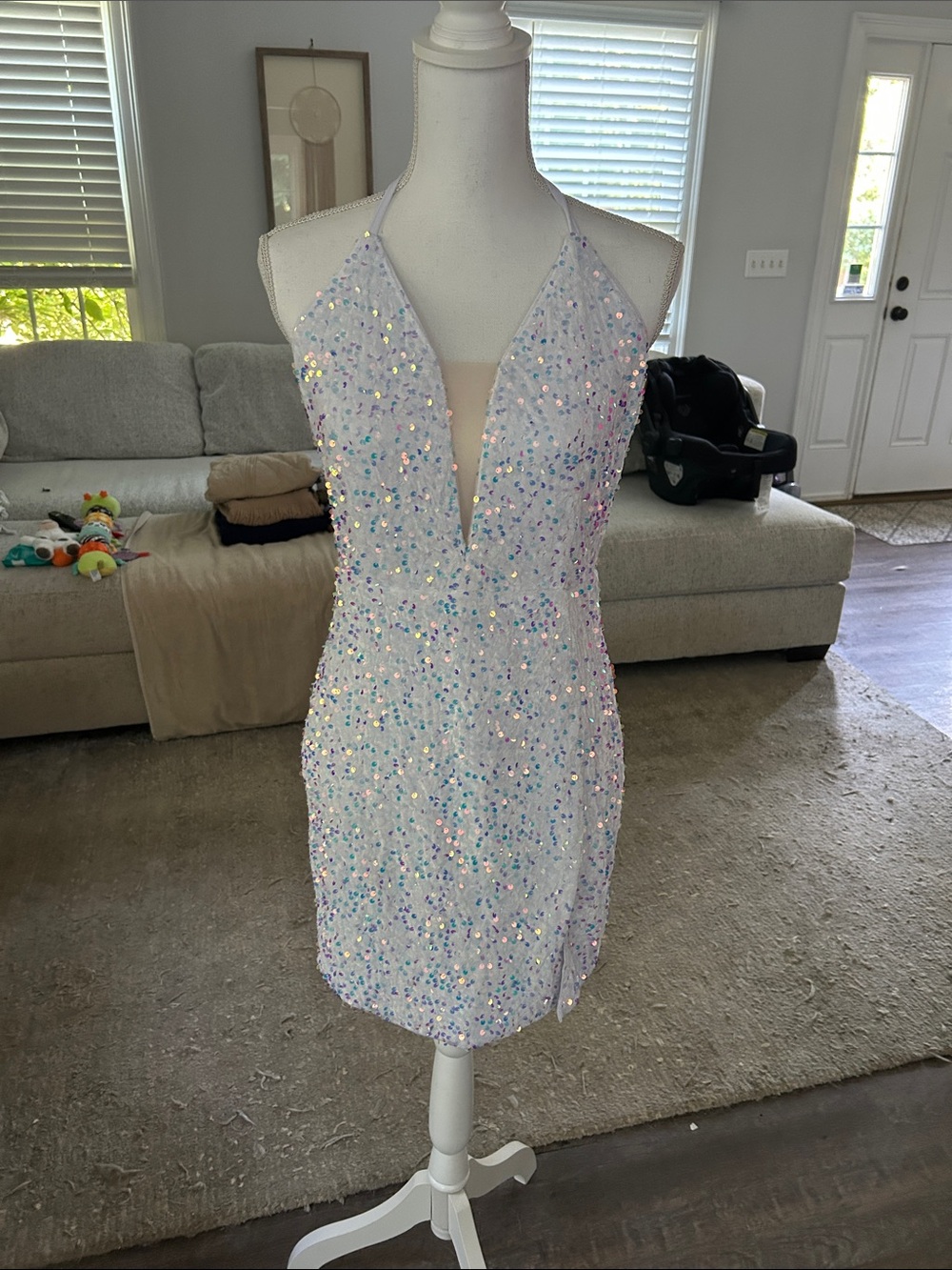 Iridescent Sequin Halter Plunge Mini Dress